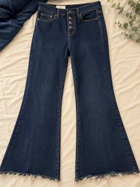 Gap 1969 High Rise Flare Jeans 28R Raw Hem Dark Wash